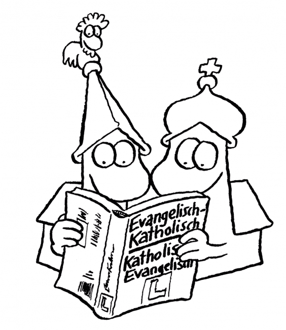 Cartoon von Tiki Küstenmacher: Eine evangelische und eine katholische Kirche lesen gemeinsam im Kirchen 1mal1